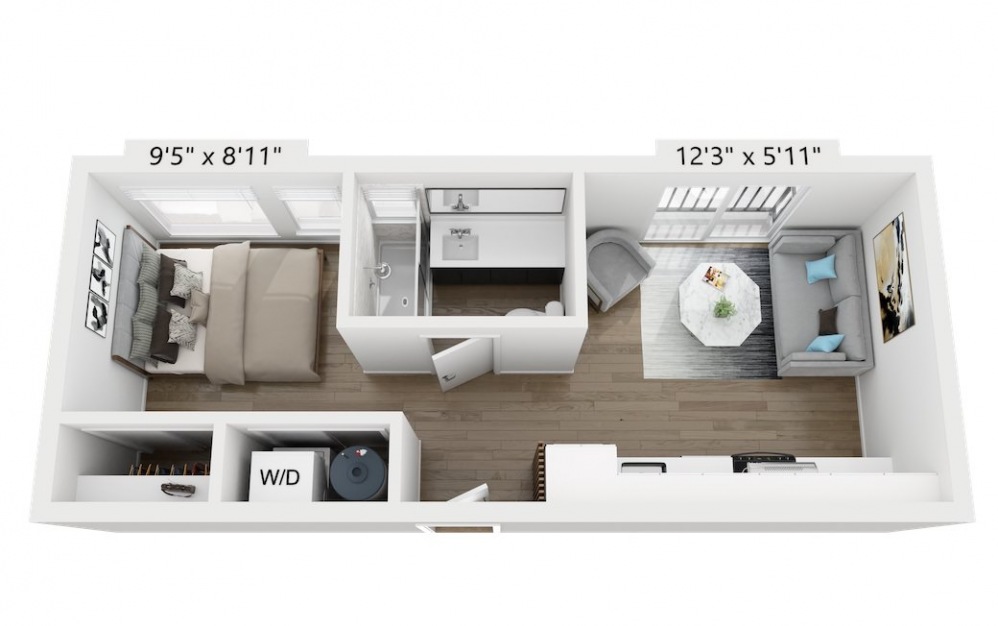 A1 - Studio floorplan layout with 1 bath and 440 square feet.